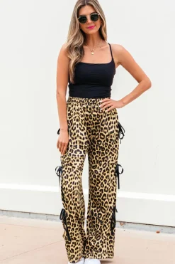 Outlet Dear-Lover Leopard Print Bow Tie Drawstring Elastic Waist Loose High Waist Pants Brown