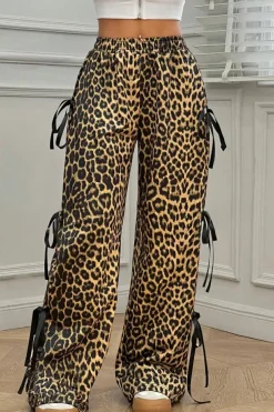 Outlet Dear-Lover Leopard Print Bow Tie Drawstring Elastic Waist Loose High Waist Pants Brown
