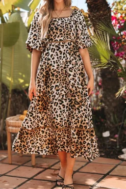 Sale Dear-Lover Leopard Print Bubble Sleeve Square Neck Maxi Dress Brown