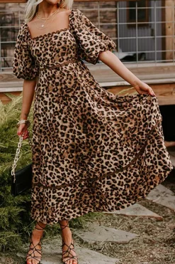 Sale Dear-Lover Leopard Print Bubble Sleeve Square Neck Maxi Dress Brown