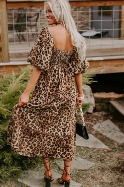 Sale Dear-Lover Leopard Print Bubble Sleeve Square Neck Maxi Dress Brown