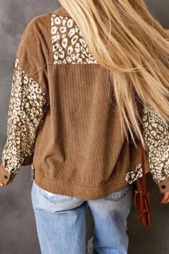 Hot Dear-Lover Leopard Print Corduroy Long Sleeve Jacket Brown