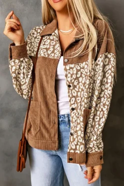 Hot Dear-Lover Leopard Print Corduroy Long Sleeve Jacket Brown