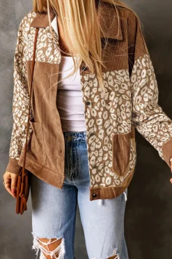 Hot Dear-Lover Leopard Print Corduroy Long Sleeve Jacket Brown