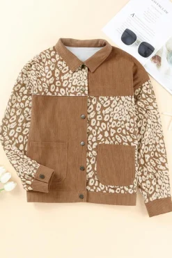 Hot Dear-Lover Leopard Print Corduroy Long Sleeve Jacket Brown