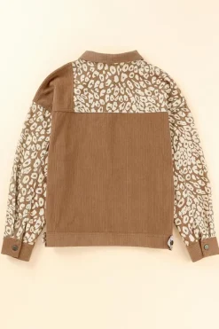 Hot Dear-Lover Leopard Print Corduroy Long Sleeve Jacket Brown