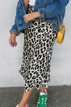 Online Dear-Lover Leopard Print High Waist Midi Skirt Brown
