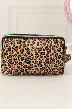 Online Dear-Lover Leopard Print PU Leather Wristlet Zipper Makeup Bag Brown