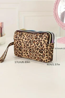 Online Dear-Lover Leopard Print PU Leather Wristlet Zipper Makeup Bag Brown