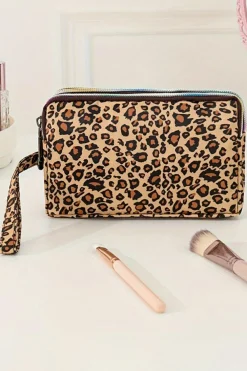 Online Dear-Lover Leopard Print PU Leather Wristlet Zipper Makeup Bag Brown