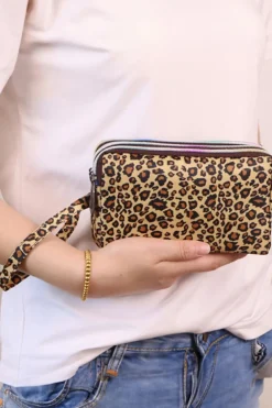 Online Dear-Lover Leopard Print PU Leather Wristlet Zipper Makeup Bag Brown