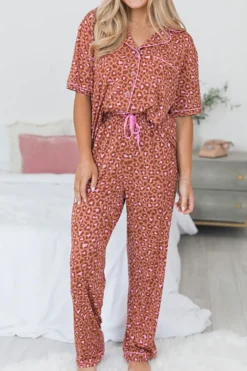 Fashion Dear-Lover Leopard Print Short Sleeve Shirt and Pants Pajamas Set Brown