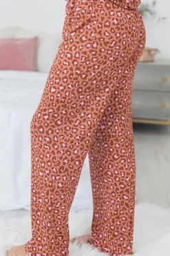 Fashion Dear-Lover Leopard Print Short Sleeve Shirt and Pants Pajamas Set Brown
