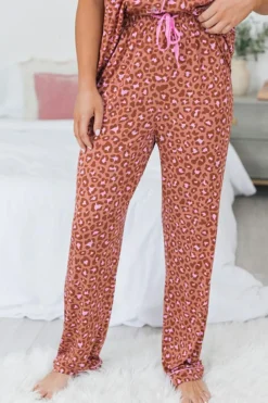 Fashion Dear-Lover Leopard Print Short Sleeve Shirt and Pants Pajamas Set Brown