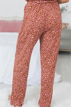 Fashion Dear-Lover Leopard Print Short Sleeve Shirt and Pants Pajamas Set Brown