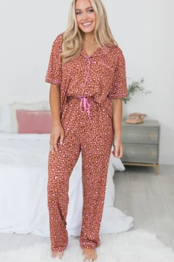 Fashion Dear-Lover Leopard Print Short Sleeve Shirt and Pants Pajamas Set Brown