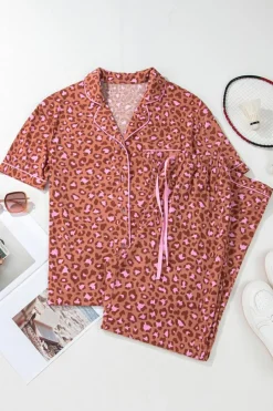 Fashion Dear-Lover Leopard Print Short Sleeve Shirt and Pants Pajamas Set Brown
