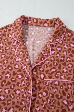 Fashion Dear-Lover Leopard Print Short Sleeve Shirt and Pants Pajamas Set Brown