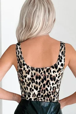 Best Dear-Lover Leopard Print U Neck Sleeveless Bodysuit Brown