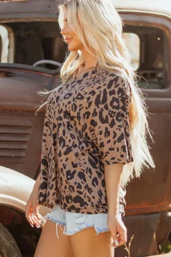 Fashion Dear-Lover Leopard Print V Neck Half Sleeve Oversized Tee Brown