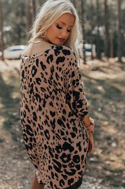 Fashion Dear-Lover Leopard Print V Neck Half Sleeve Oversized Tee Brown