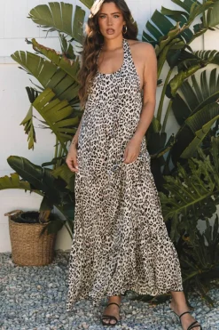 New Dear-Lover Leopard Printed Halter Neck Backless Ruffled Hem Maxi Dress Brown