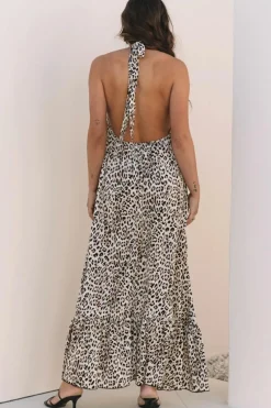 New Dear-Lover Leopard Printed Halter Neck Backless Ruffled Hem Maxi Dress Brown