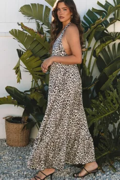 New Dear-Lover Leopard Printed Halter Neck Backless Ruffled Hem Maxi Dress Brown