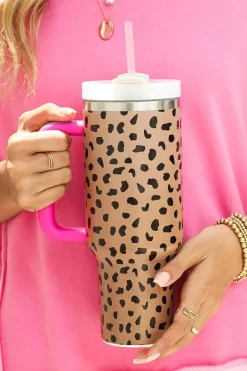 Best Dear-Lover Leopard Printed Handled Cup with Straw 40oz Brown