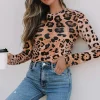 Discount Dear-Lover Leopard Round Neck Long Sleeve Slim Top Brown