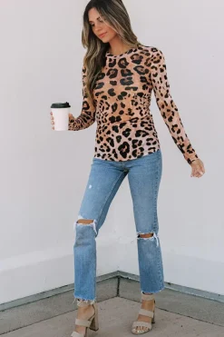 Discount Dear-Lover Leopard Round Neck Long Sleeve Slim Top Brown