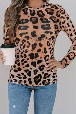 Discount Dear-Lover Leopard Round Neck Long Sleeve Slim Top Brown