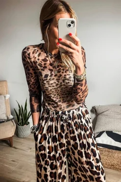 Discount Dear-Lover Leopard Round Neck Long Sleeve Slim Top Brown