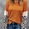 Clearance Dear-Lover Leopard Sequin Patchwork Long Sleeve Top Brown
