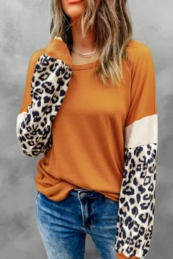 Clearance Dear-Lover Leopard Sequin Patchwork Long Sleeve Top Brown
