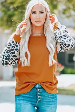 Clearance Dear-Lover Leopard Sequin Patchwork Long Sleeve Top Brown