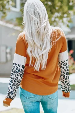 Clearance Dear-Lover Leopard Sequin Patchwork Long Sleeve Top Brown