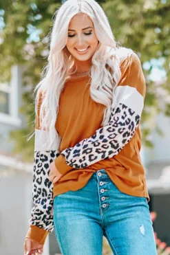 Clearance Dear-Lover Leopard Sequin Patchwork Long Sleeve Top Brown