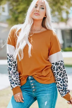 Clearance Dear-Lover Leopard Sequin Patchwork Long Sleeve Top Brown
