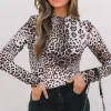 Outlet Dear-Lover Leopard Smocked Neck Mesh Long Sleeve Bodysuit Brown