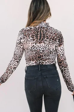 Outlet Dear-Lover Leopard Smocked Neck Mesh Long Sleeve Bodysuit Brown