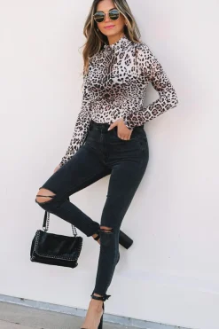 Outlet Dear-Lover Leopard Smocked Neck Mesh Long Sleeve Bodysuit Brown