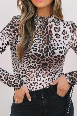 Outlet Dear-Lover Leopard Smocked Neck Mesh Long Sleeve Bodysuit Brown