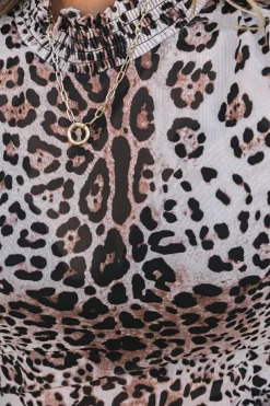 Outlet Dear-Lover Leopard Smocked Neck Mesh Long Sleeve Bodysuit Brown