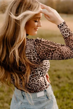 Outlet Dear-Lover Leopard Smocked Neck Mesh Long Sleeve Bodysuit Brown