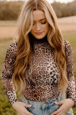 Outlet Dear-Lover Leopard Smocked Neck Mesh Long Sleeve Bodysuit Brown