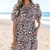 Online Dear-Lover Leopard Tied Front Keyhole Puff Short Sleeve Mini Dress Brown