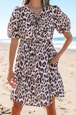 Online Dear-Lover Leopard Tied Front Keyhole Puff Short Sleeve Mini Dress Brown