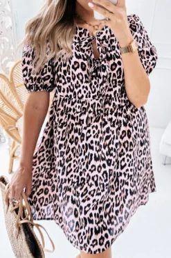 Online Dear-Lover Leopard Tied Front Keyhole Puff Short Sleeve Mini Dress Brown