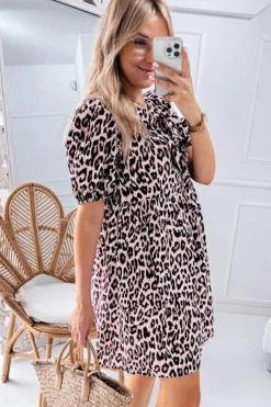 Online Dear-Lover Leopard Tied Front Keyhole Puff Short Sleeve Mini Dress Brown